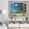 Designart - Window Open to Beach with Palm - Seashore Print on Natural Pine Wood